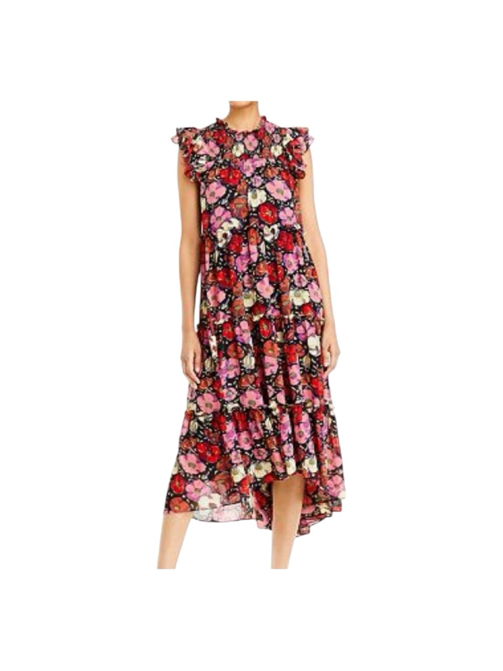 Cinq A Sept Multicolor Floral Print High-Low Hemline Short Sleeves Midi Dress 4